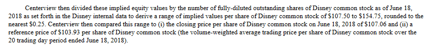 Centerview Valuation Methodology of Disney's Acquisition of 21st Century Fox assets snipped from public disclosure documents