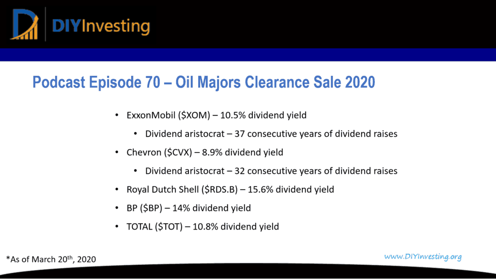 Podcast Episode 70 Summary - Oil Majors Clearance Sale 2020 including ExxonMobil, Chevron, Royal Dutch Shell, BP, and TOTAL.