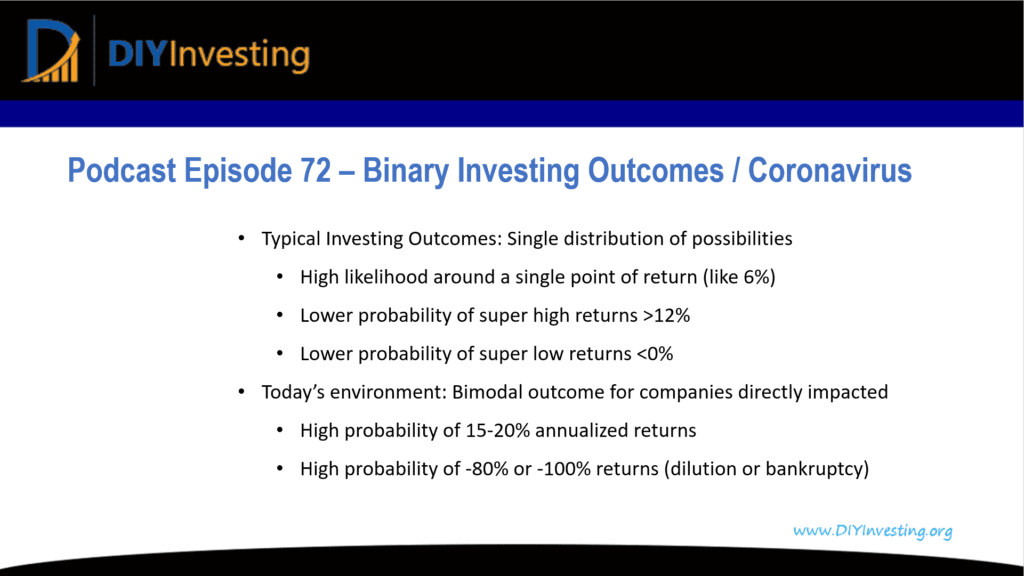 Episode 72 Summary Binary Investing Outcomes during Coronavirus with a focus on the difference between a normal statistical distribution and a bimodal distribution of results