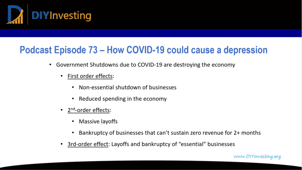 Podcast Episode 73 summary on How COVID-19 could cause an economic depression. Discussion of first second and third order effects.
