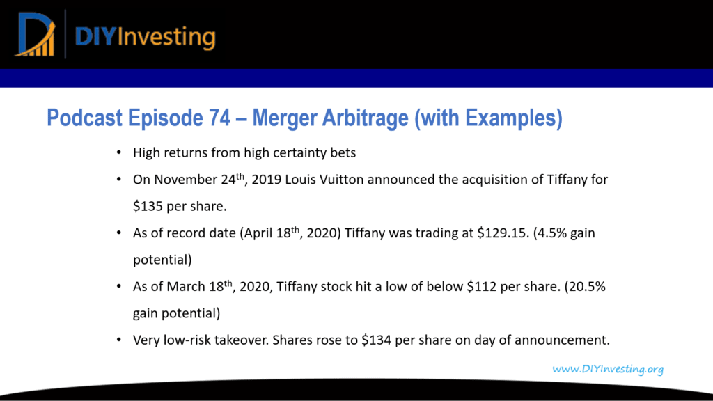 Podcast episode 74 summary for Merger Arbitrage with examples. This investing strategy provides high returns from high certainty bets.