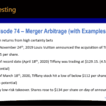 Podcast episode 74 summary for Merger Arbitrage with examples. This investing strategy provides high returns from high certainty bets.