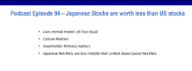 Podcast Episode 94 summary slide: Japanese stocks are worth less than US stocks